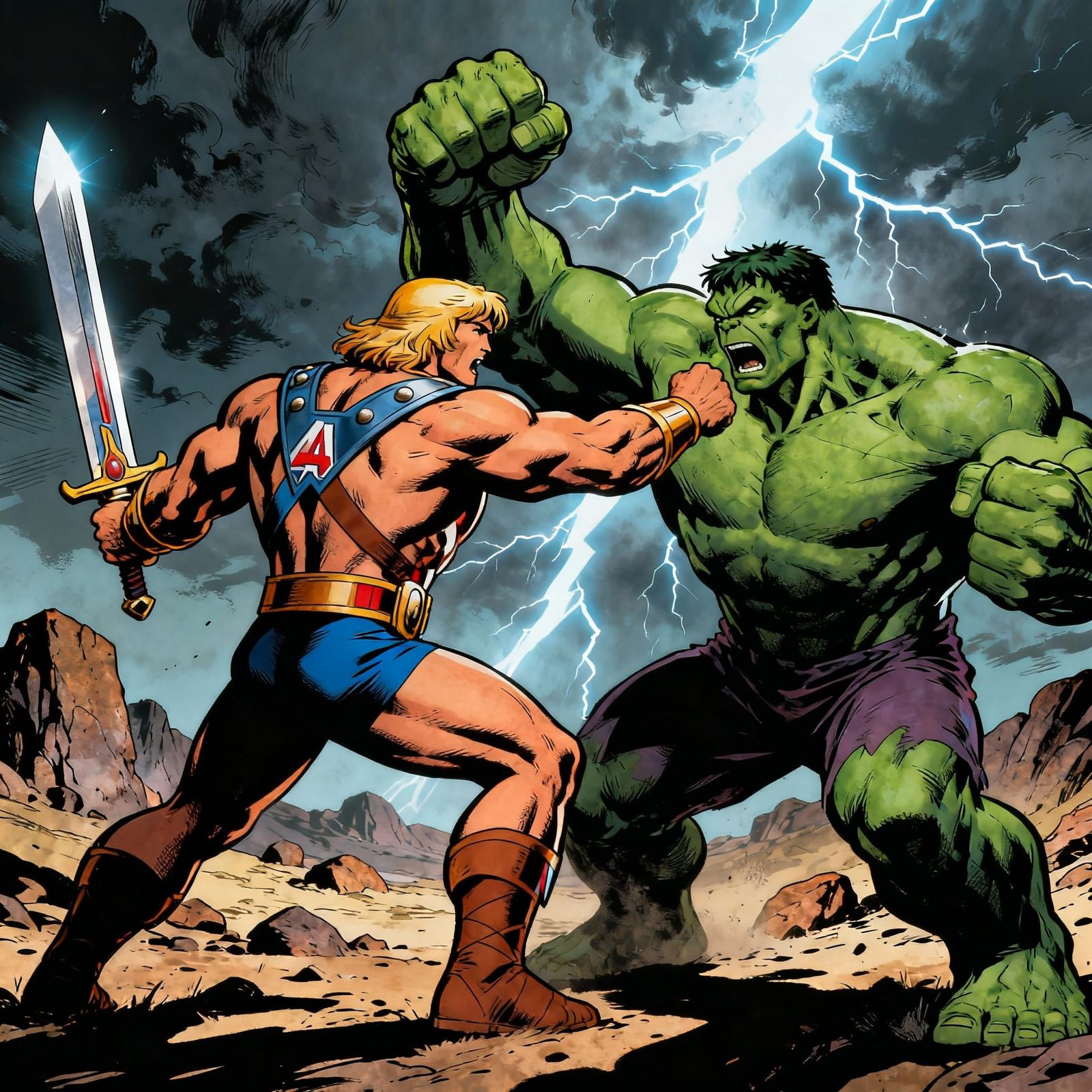 He-Man Battles Hulk in Comic Art Style