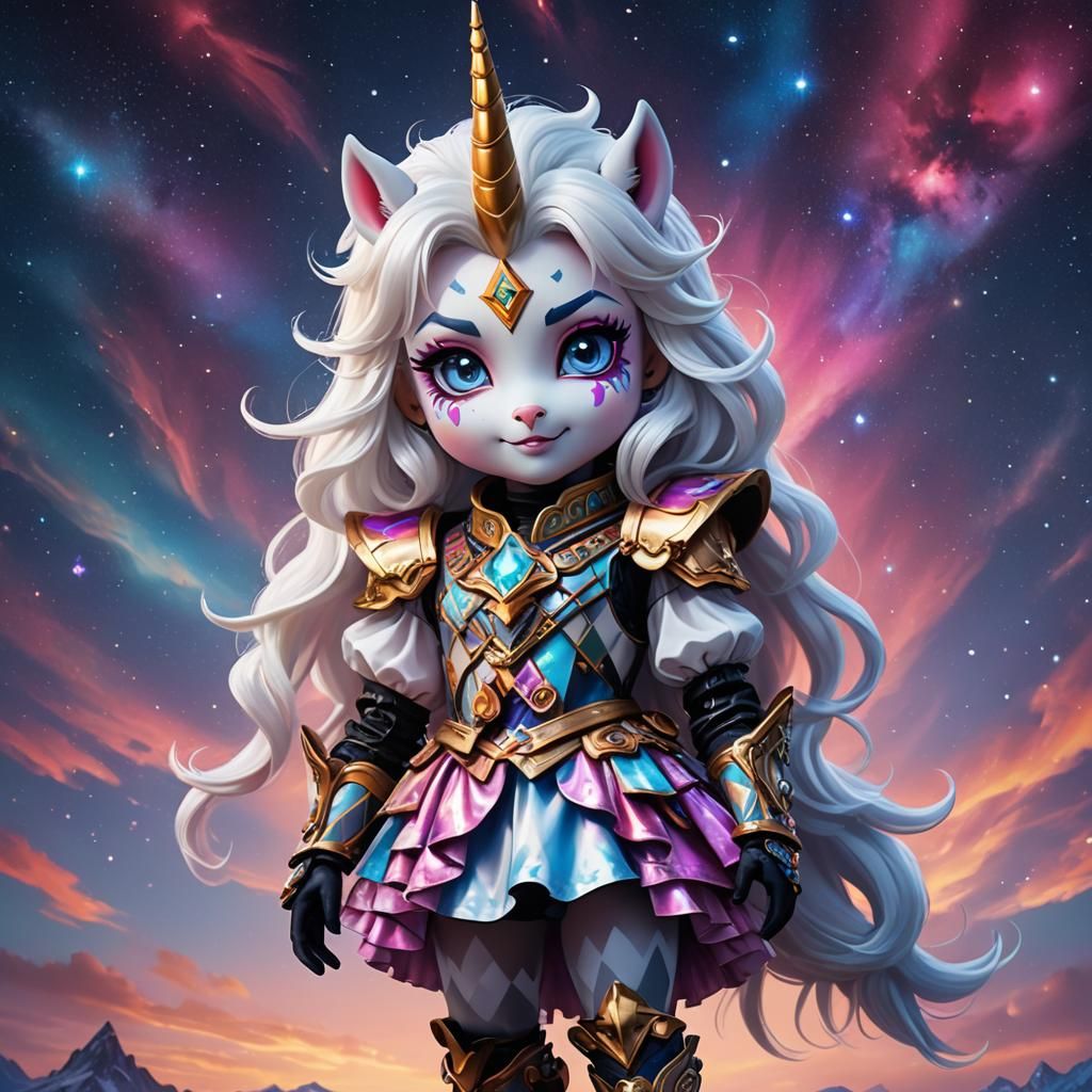Chibi Harlequin Unicorn Princess in Nebula Aurora Sky