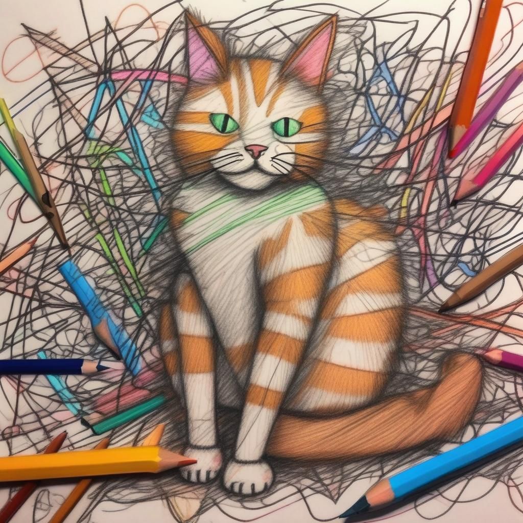 Whimsical Messy Cat Drawing with Colored Pencils