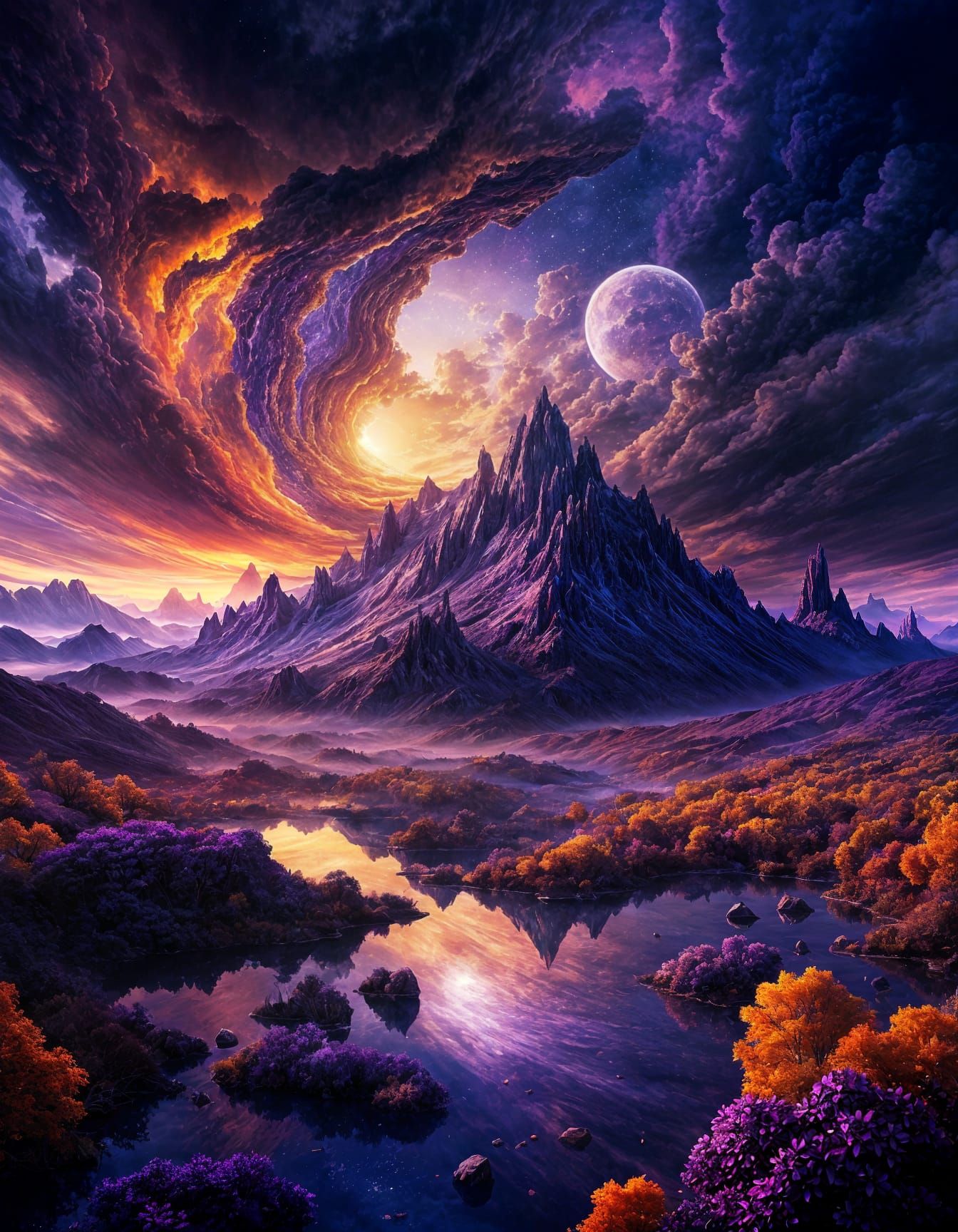 Epic Fantasy Landscape in Vibrant Purple and Orange
