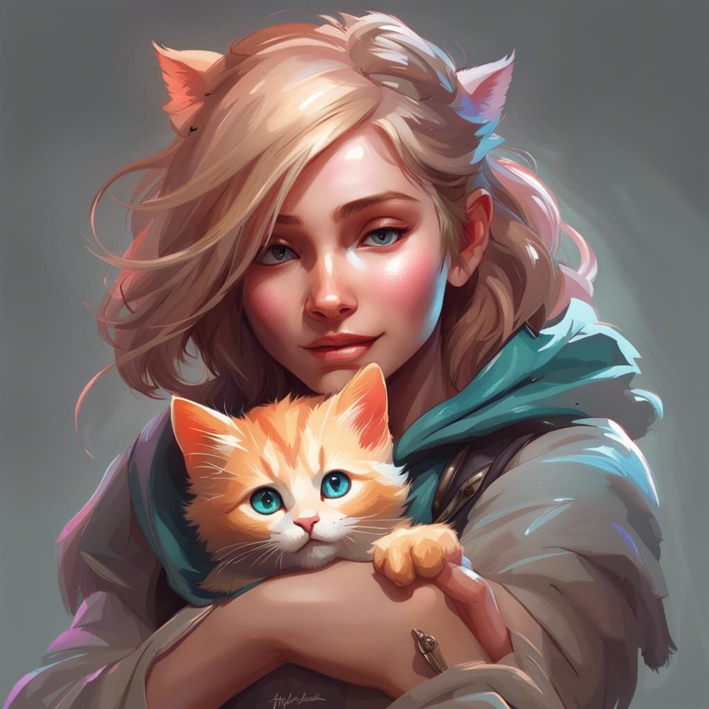Person Hugging Kitten Portrait in Hyperdetailed Style