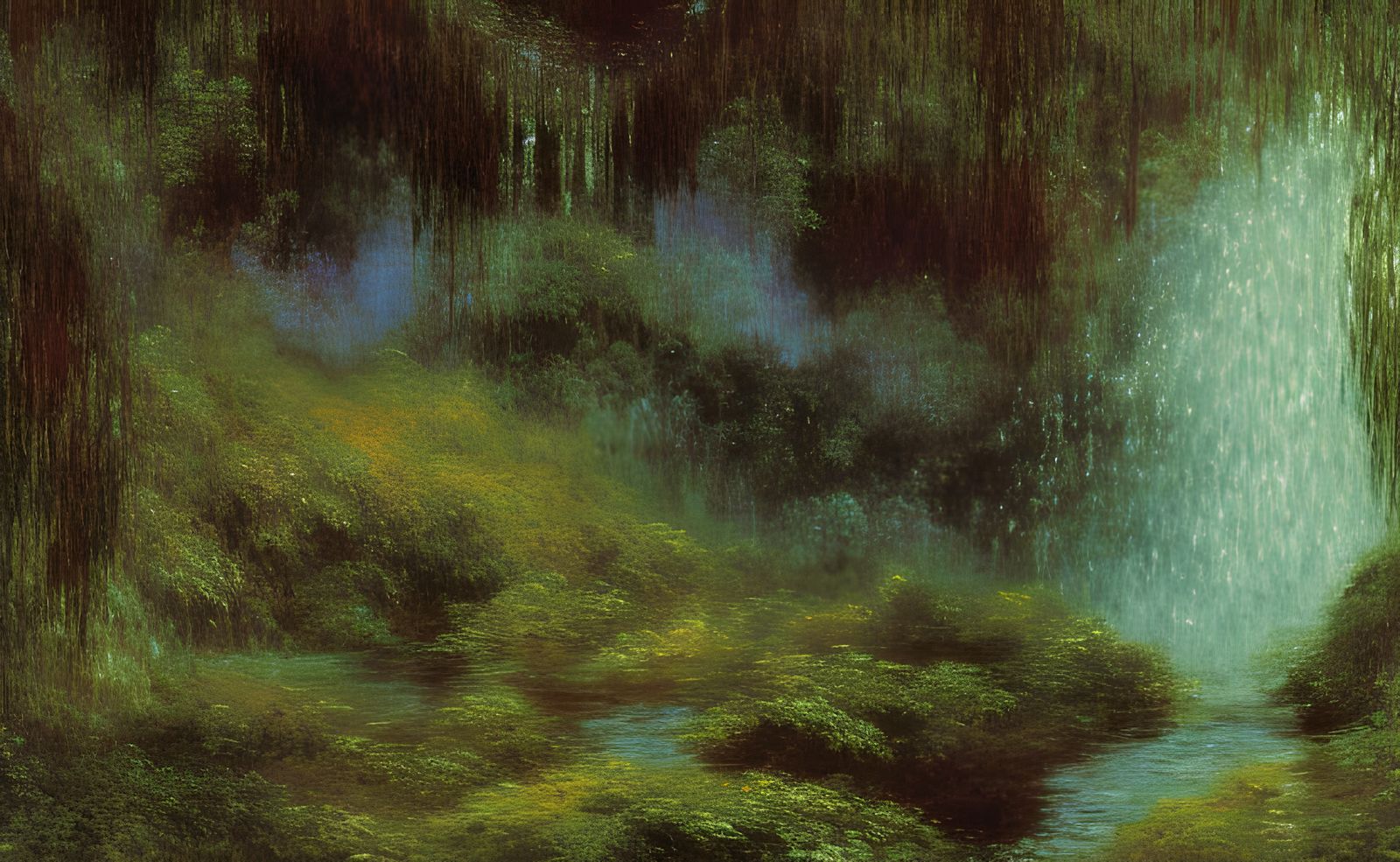 Lush Waterfall Glistens with Biopunk Botanical Details