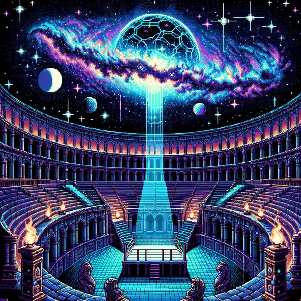 16-Bit Pixel Art Colosseum Under Celestial Nebula Sky