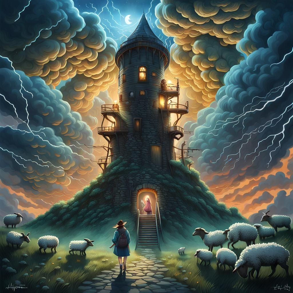 Ethereal Woman Ascends Tower in Stormy Fantasy