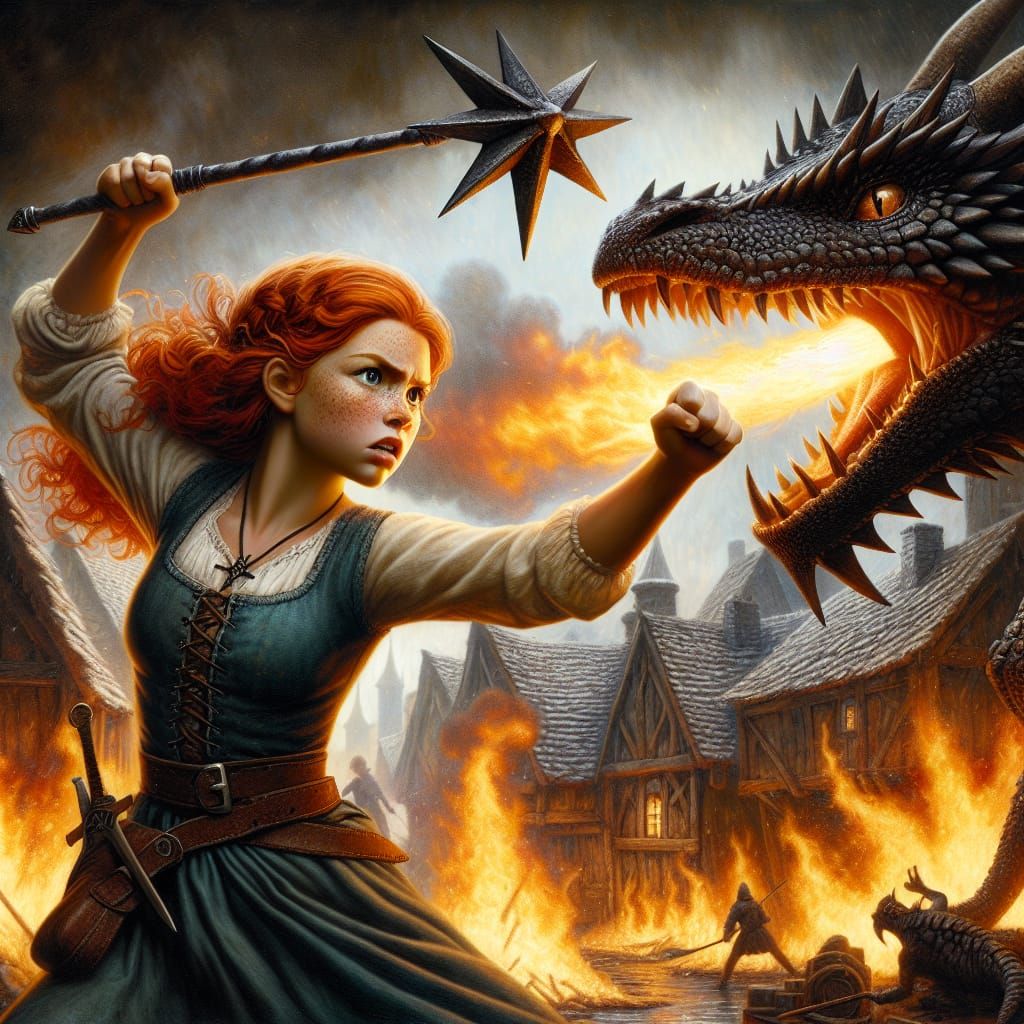 Dragon Slayer Battles Dragon in Burning Village