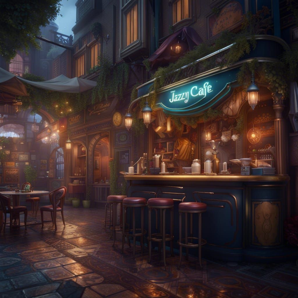 Fantastical Jazzy Cafe Concept Art in Deep Color