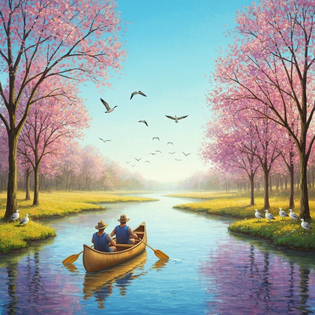 Springtime Canoe on Winding River with Geese in Gouache Styl...