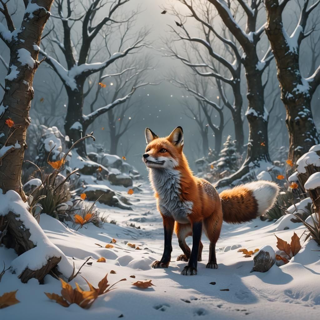 Fox with Robin in Winter Den: Fantasy Concept Art