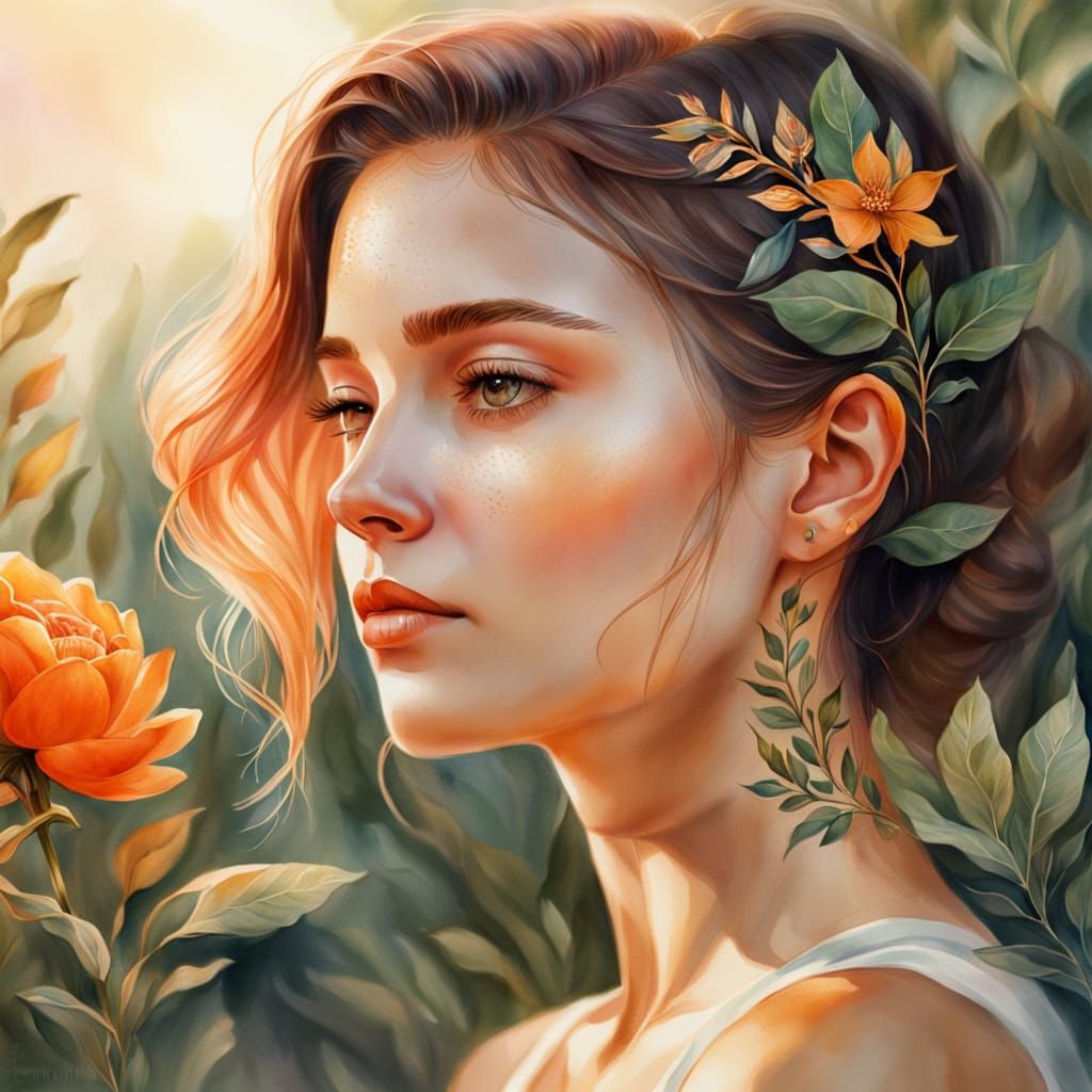 Botanical Watercolor Portrait of a Calm Young Girl