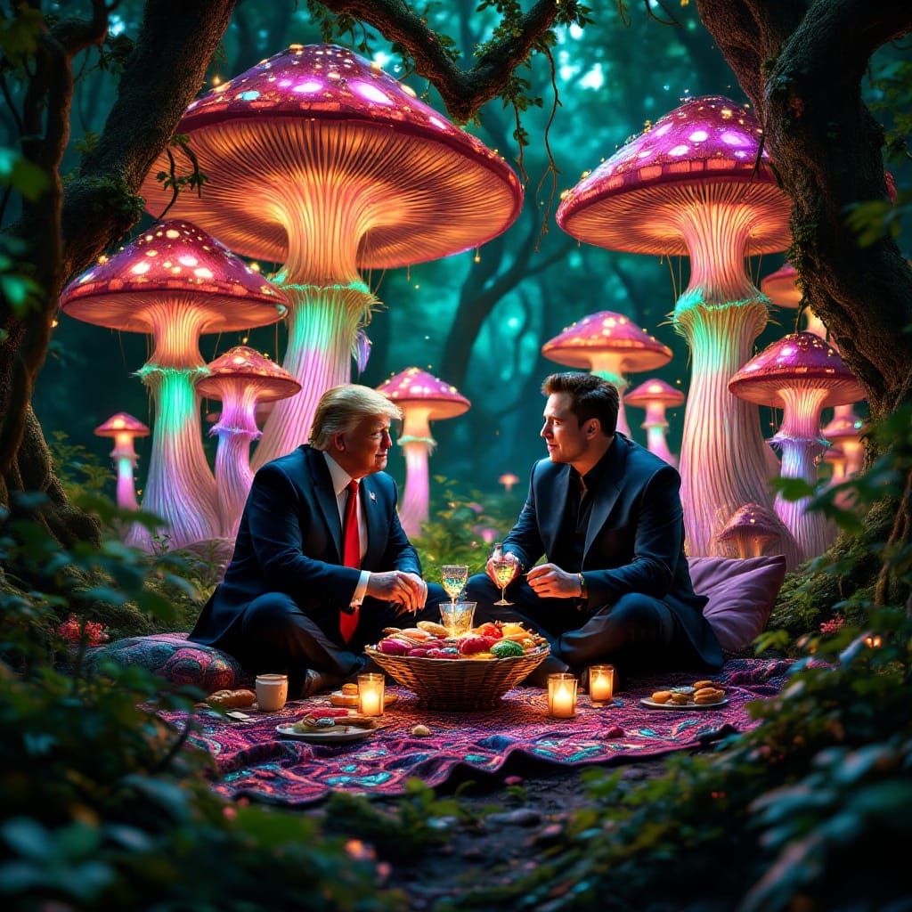 Trump and Musk in Vibrant, Neon-Colored Forest Picnic Scene