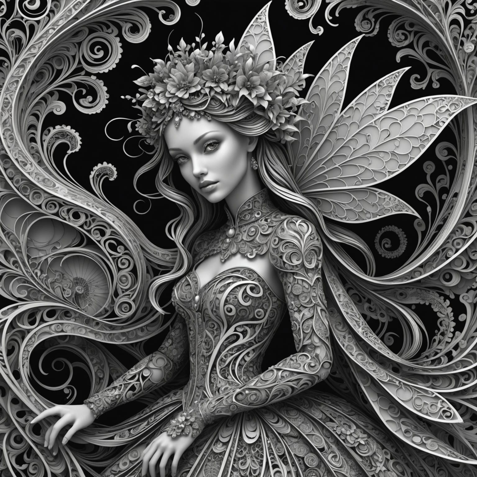 Detailed Zentangle Fairy with Abstract Fractal Design