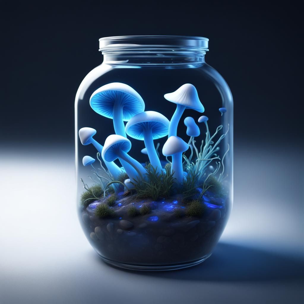 Bioluminescent Mushrooms in Jar: Detailed Fantasy Art