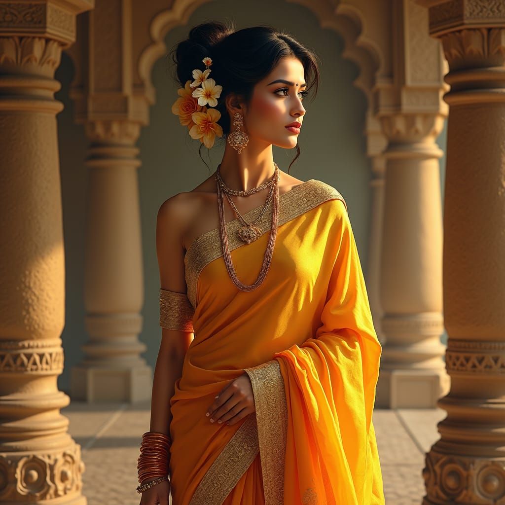 Elegant Indian Woman in Silk Saree, Classical Painting