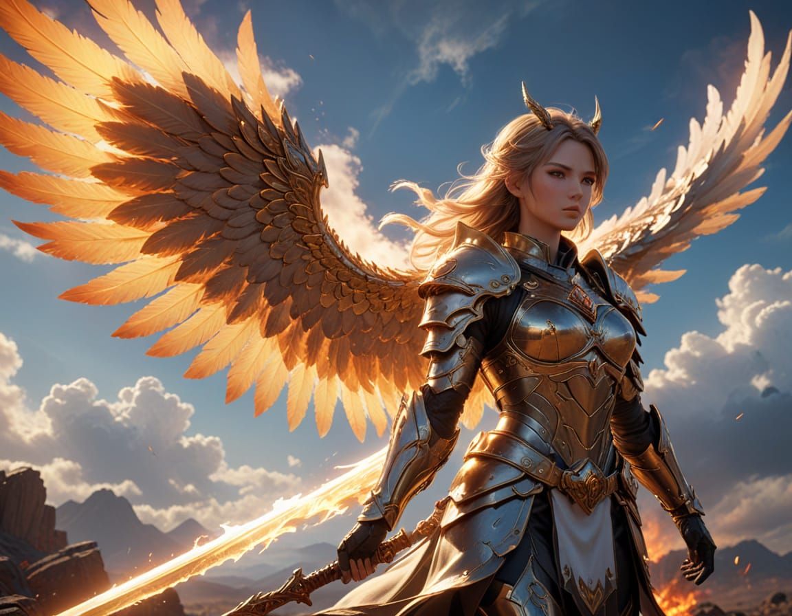 Angel and Demon Warrior in a Burning Wasteland