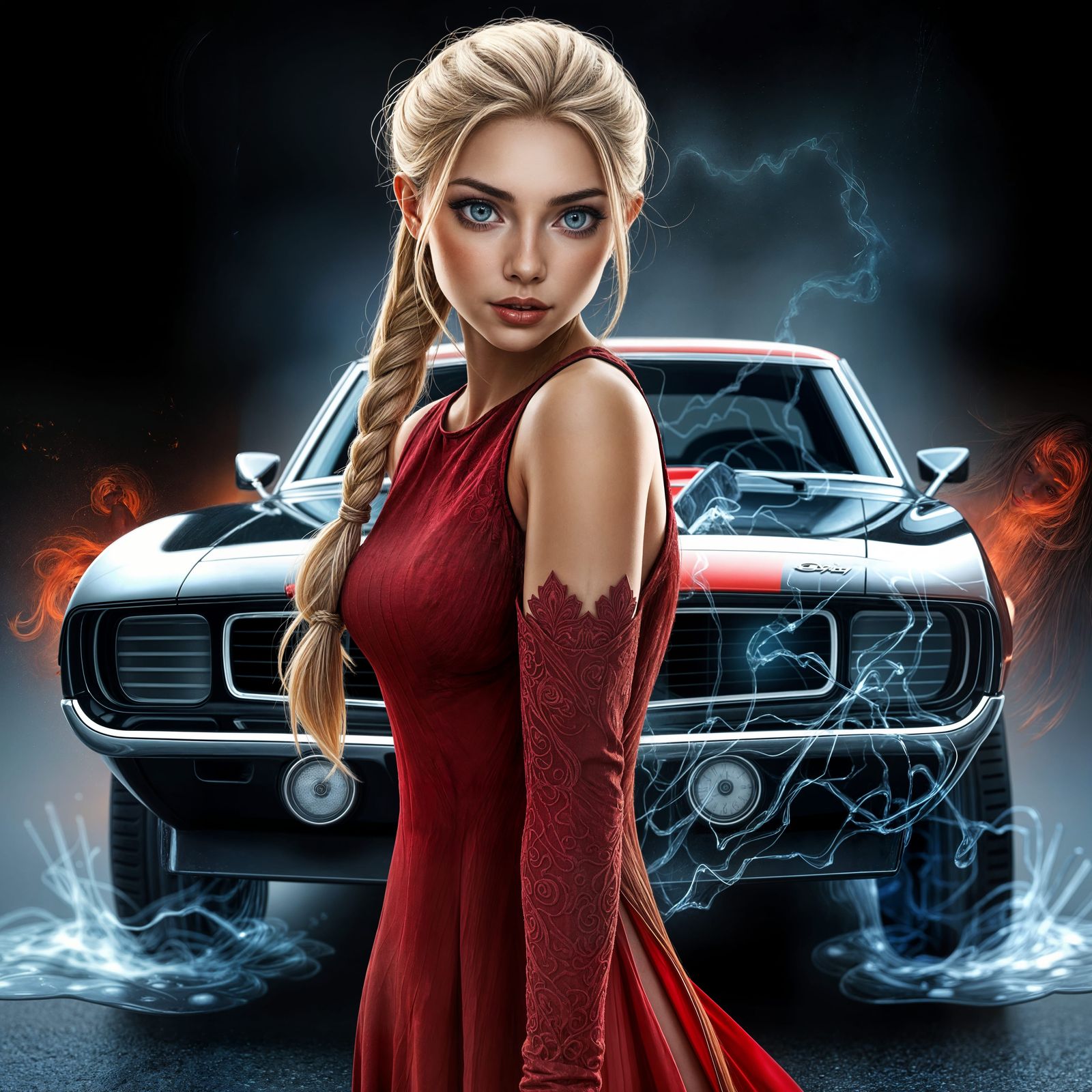 Transforming Woman to Camaro in Detailed Anime Style