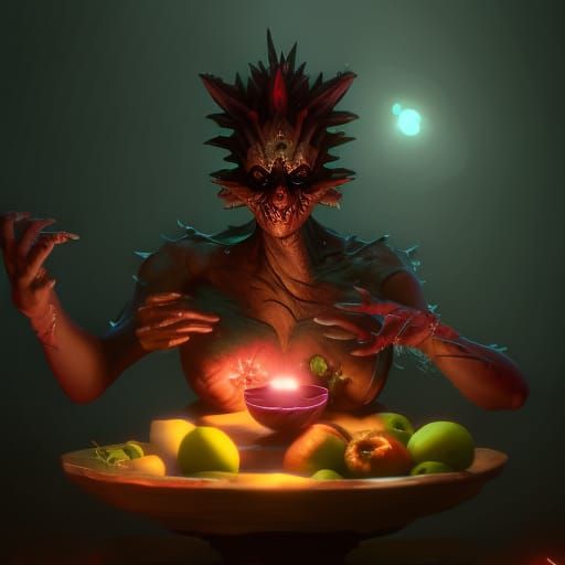 Monster Lady with Fruit Bowl: Dark Fantasy Art