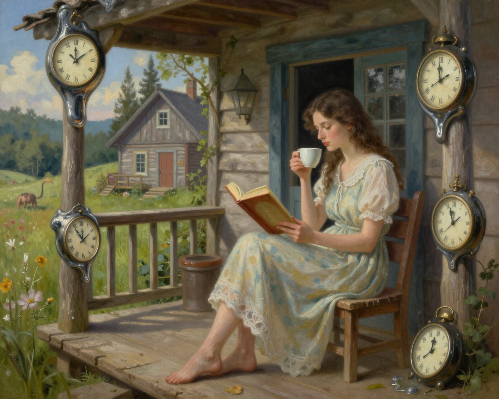 Woman Reading on Porch in Dalí Surrealism Style