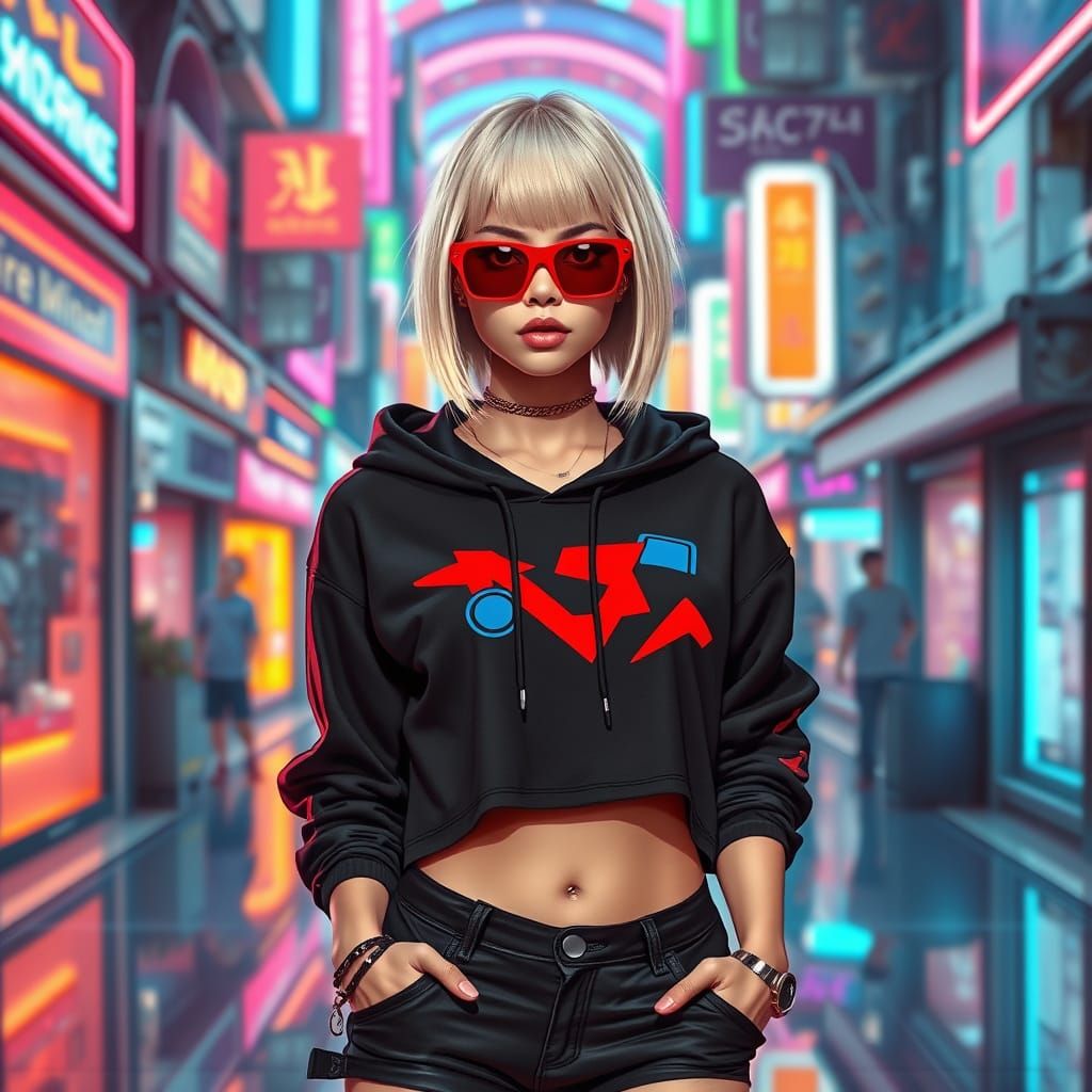 Confident Urbanite in Neon Futuristic Landscape