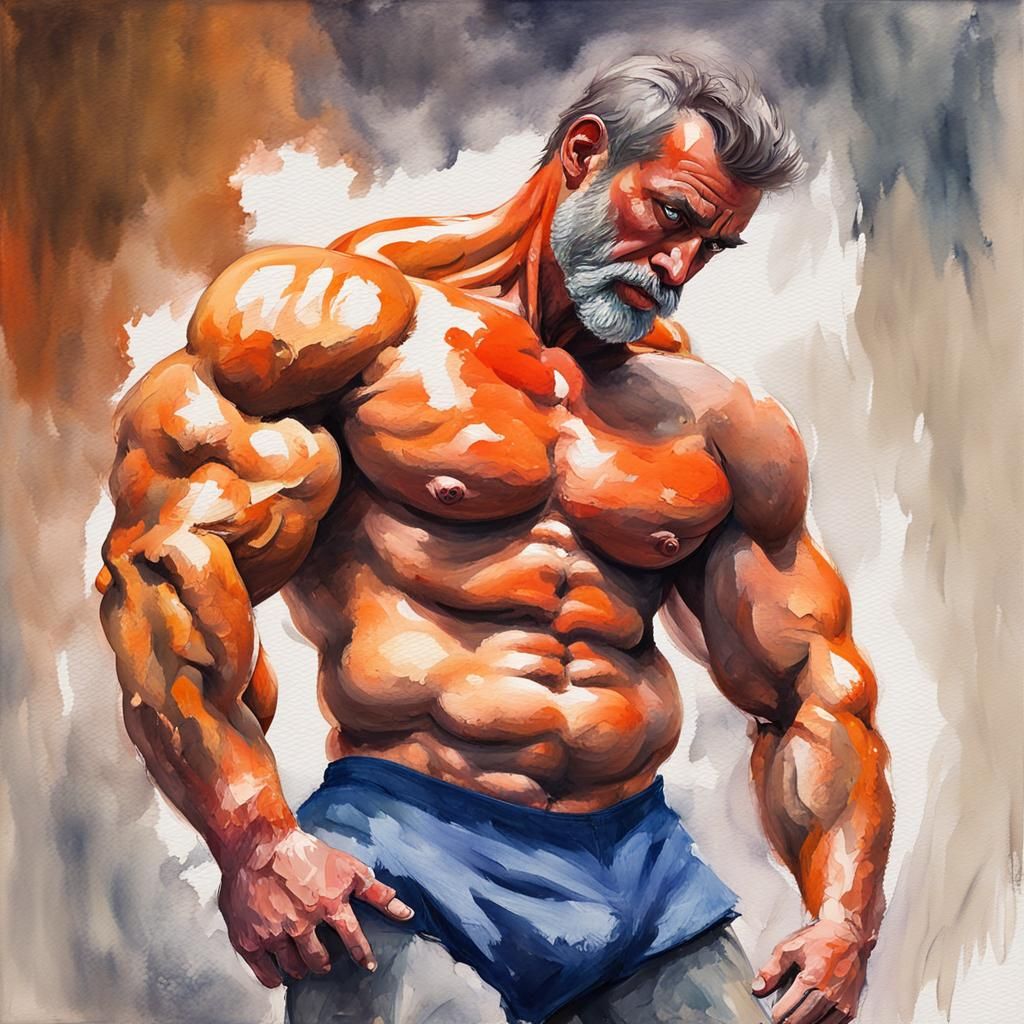 Bodybuilder with Huge Muscles as Gouache Painting