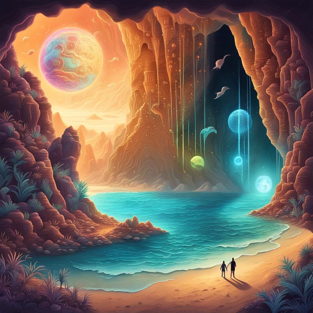 Cosmic Beach Cave with Bioluminescent Plants
