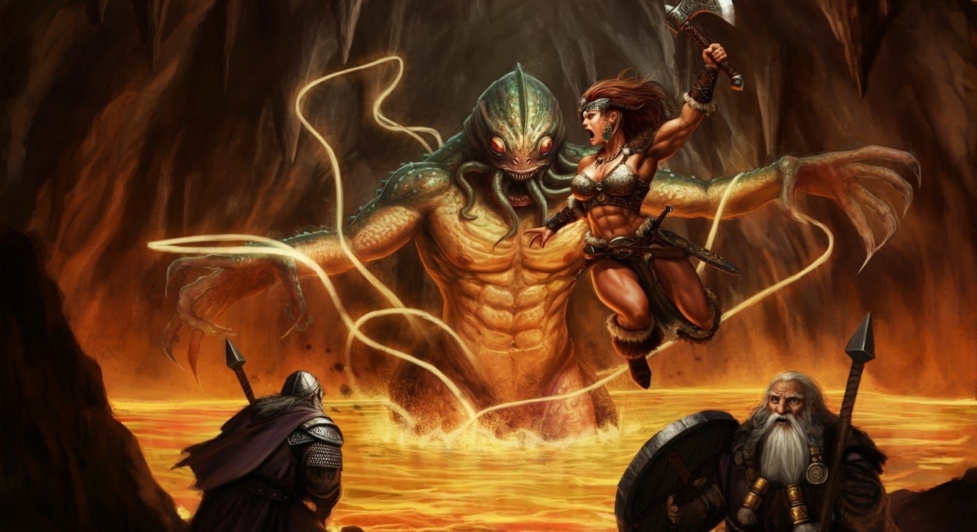 Barbarian Warrior About to Strike Wizard