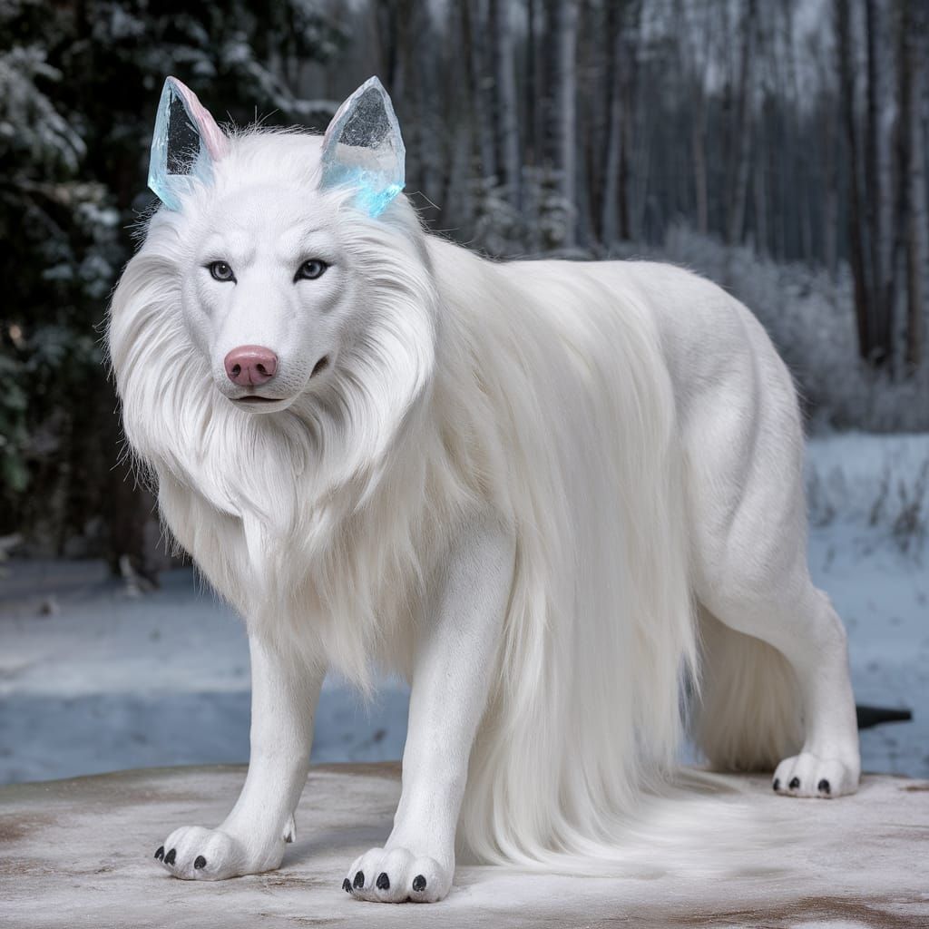 Taxidermy Snow Wolf with Quartz Crystal Ears