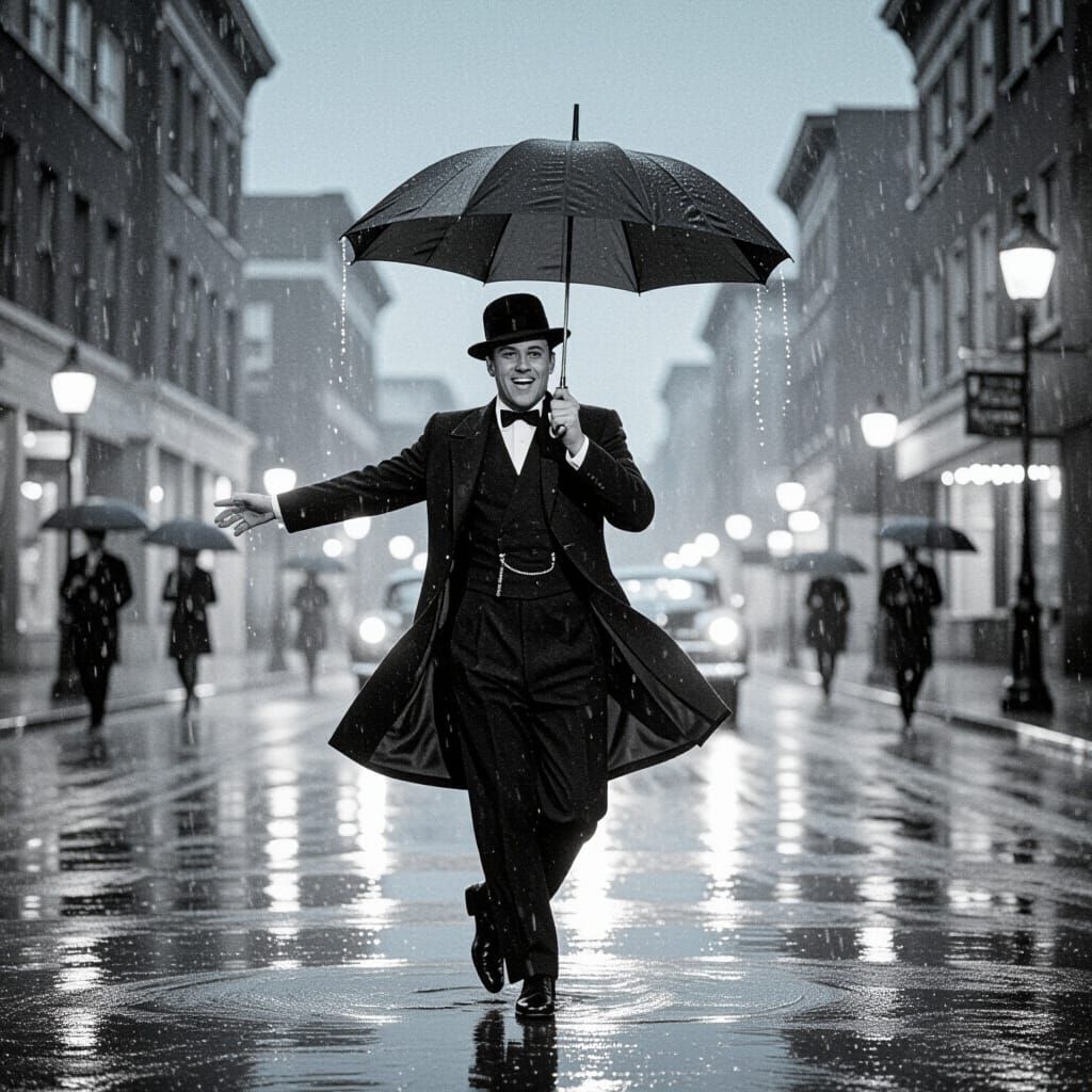 Gene Kelly Dancing in the Rain at Night
