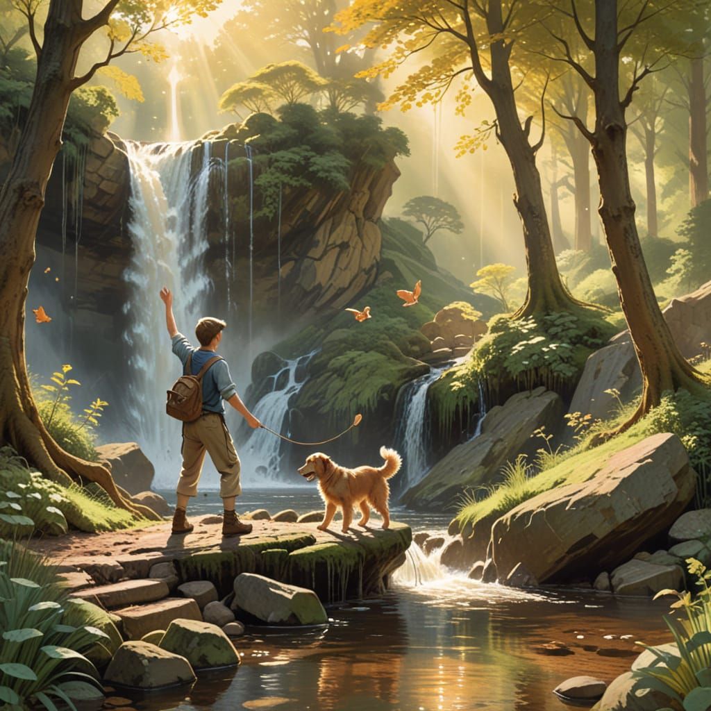 Boy and Dog Playing Catch in Serene Waterfall Woods