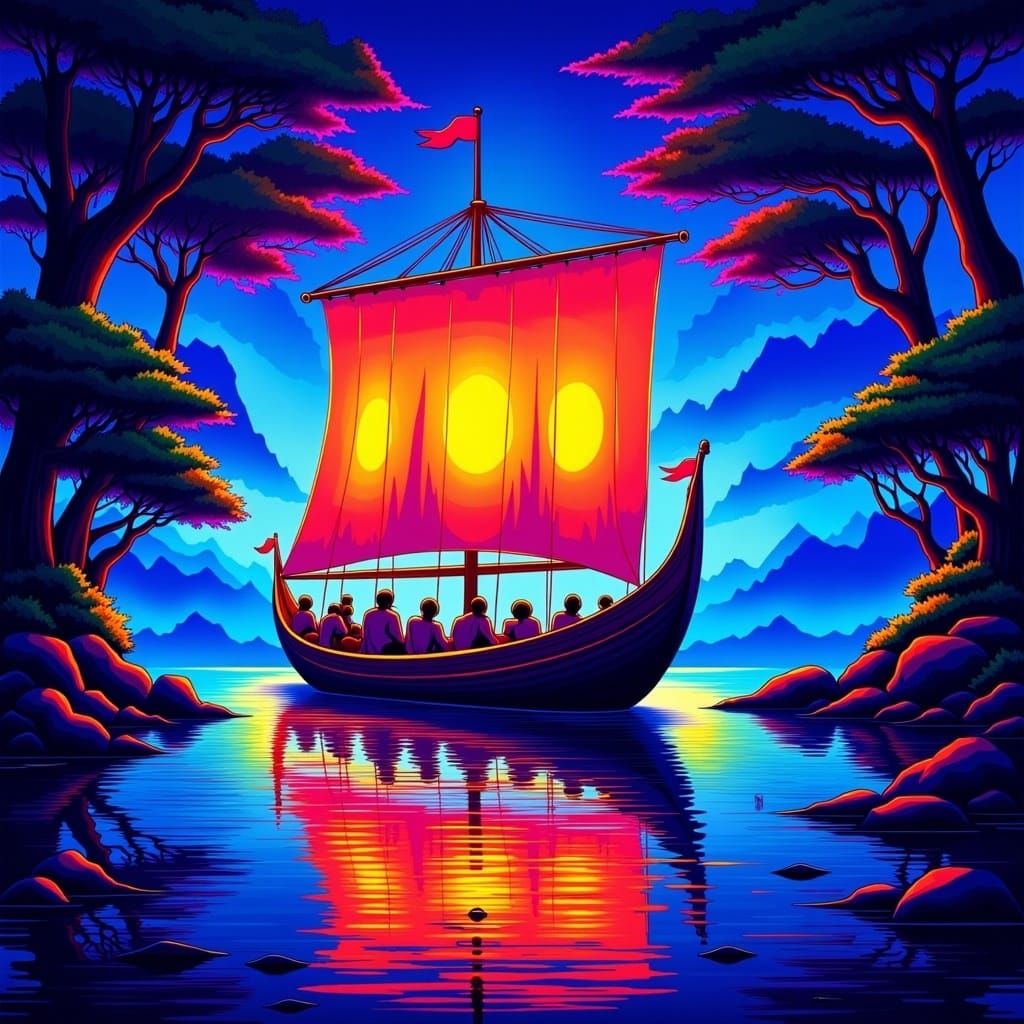 Majestic Greek Trireme in Blacklight Poster Style