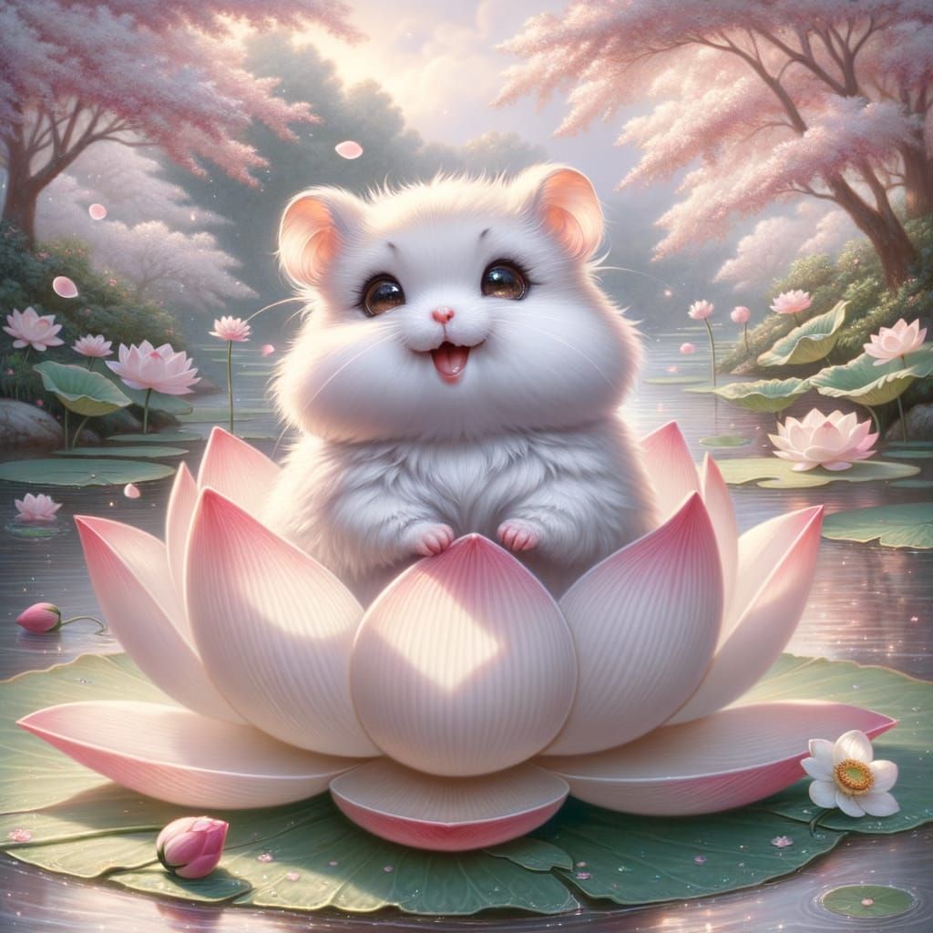 Hamster on Lotus Flower in Romantic Style