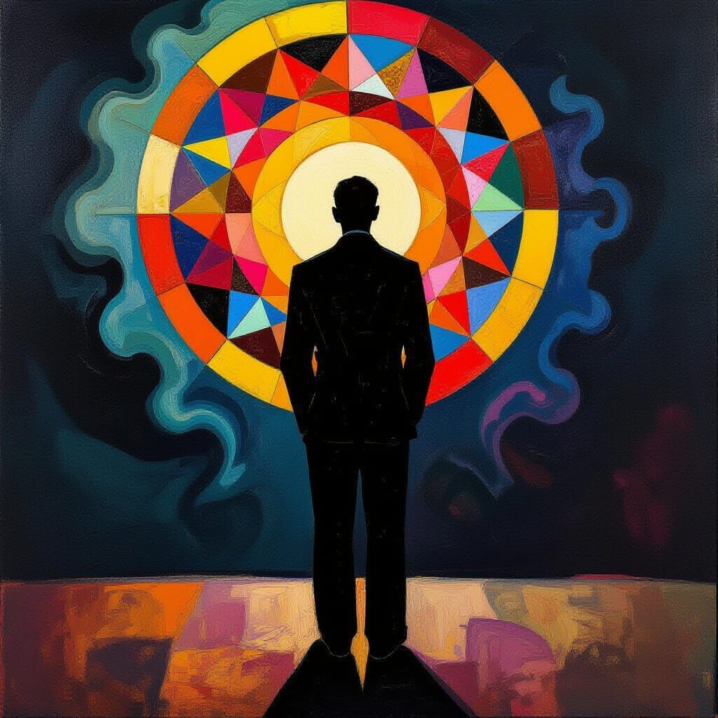 Expressionist Figure Amidst Sacred Geometry and Vibrant Colo...