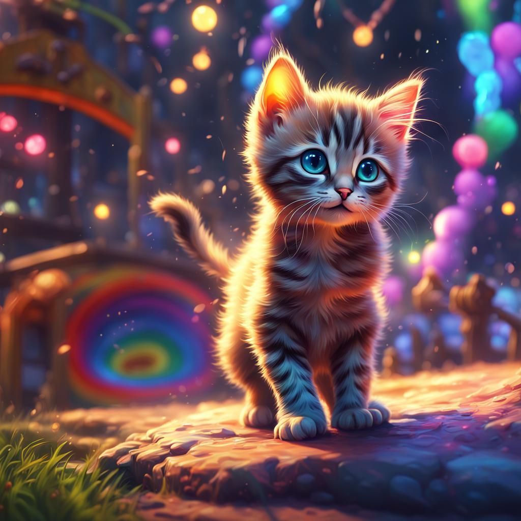 Rainbow Kitten Portrait in Fantasy Pixar Style