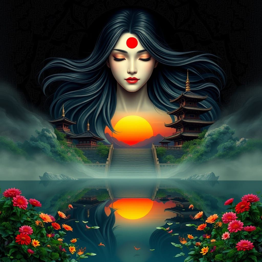 Ethereal Goddess Rises Amidst Asian Pagodas and Sunset