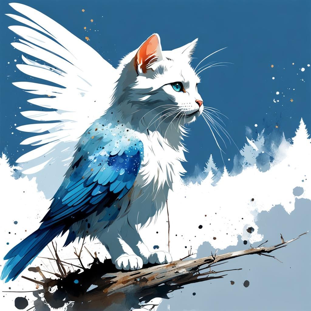 Winged White Cat with Blue Eyes in Watercolor Splash Art