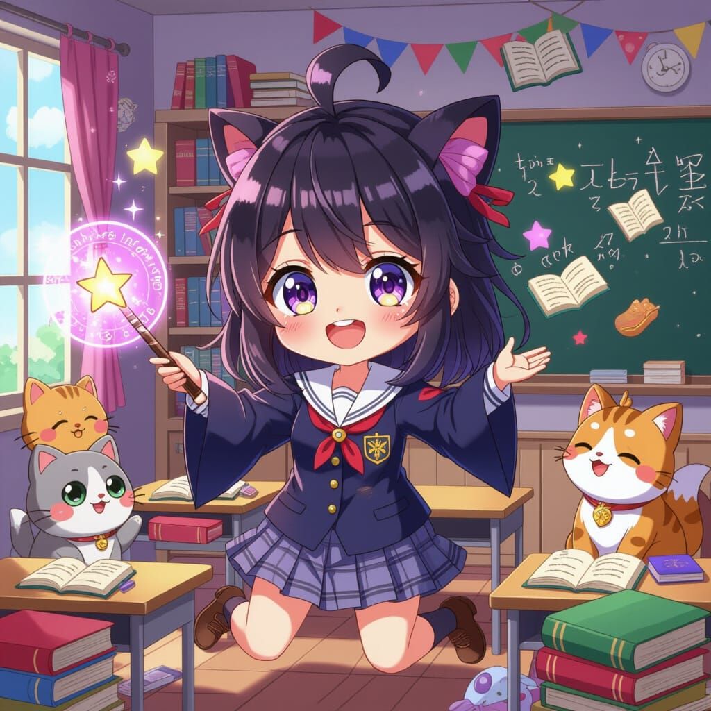 Anime Schoolgirl Casting Spells in Magical Classroom