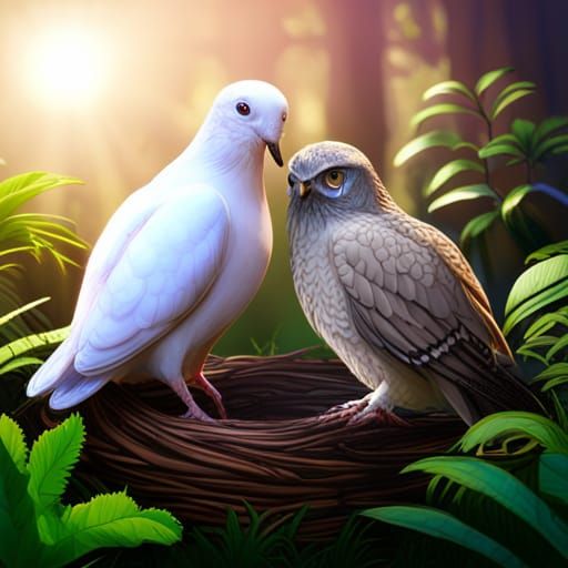 Dove and Owl Kissing in Jungle Art
