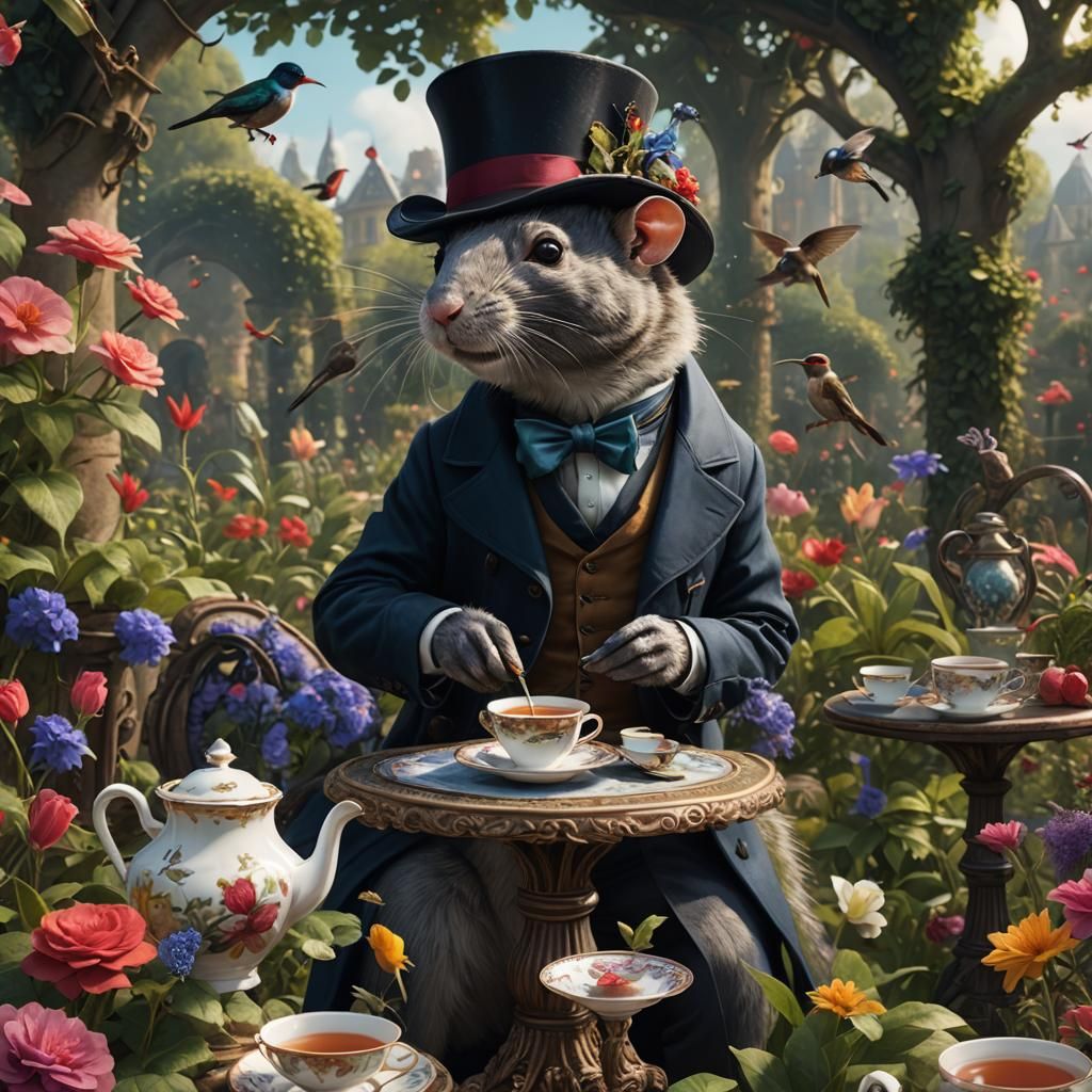 Victorian Rat Sipping Tea in Garden