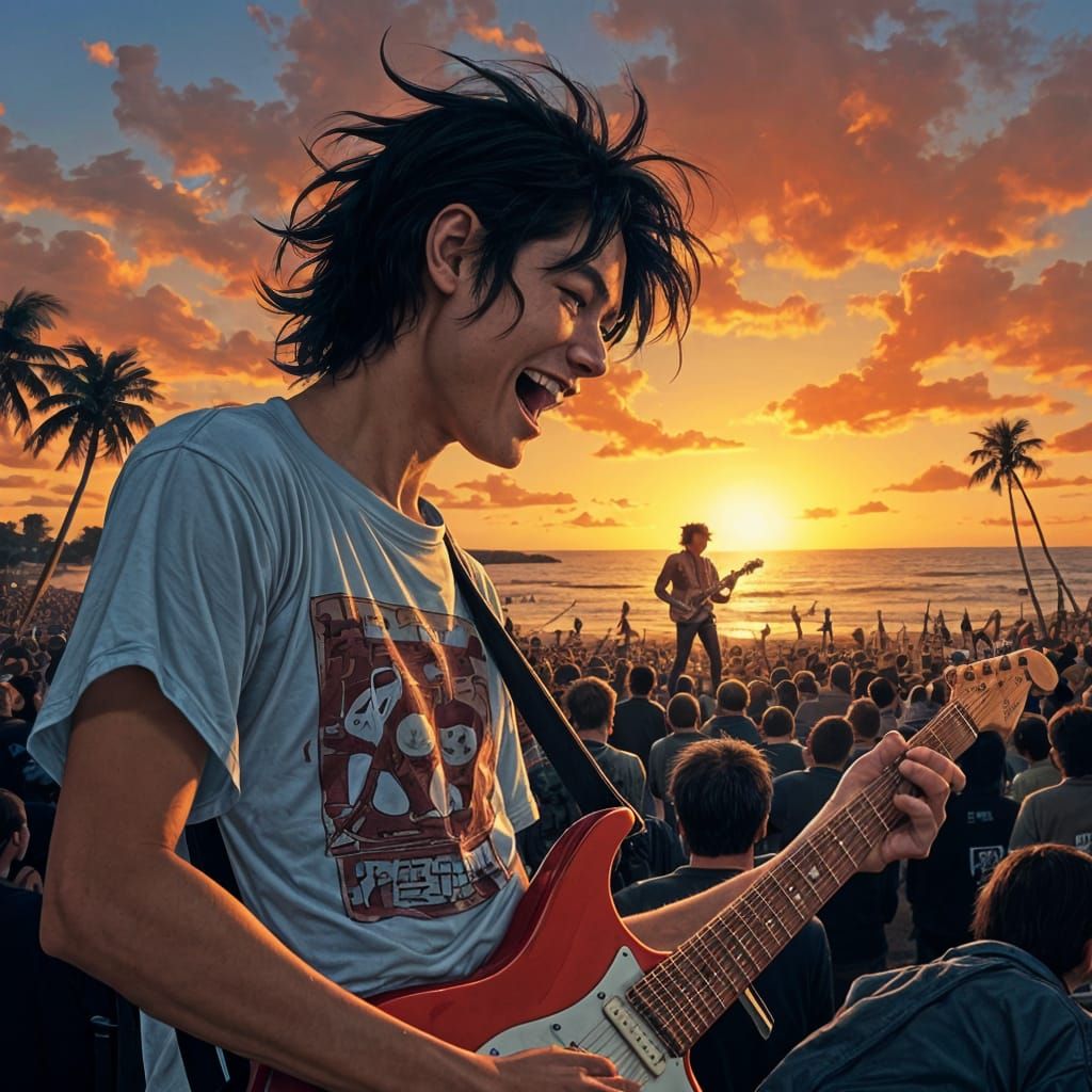 Rock Musician Performs on Beach Stage