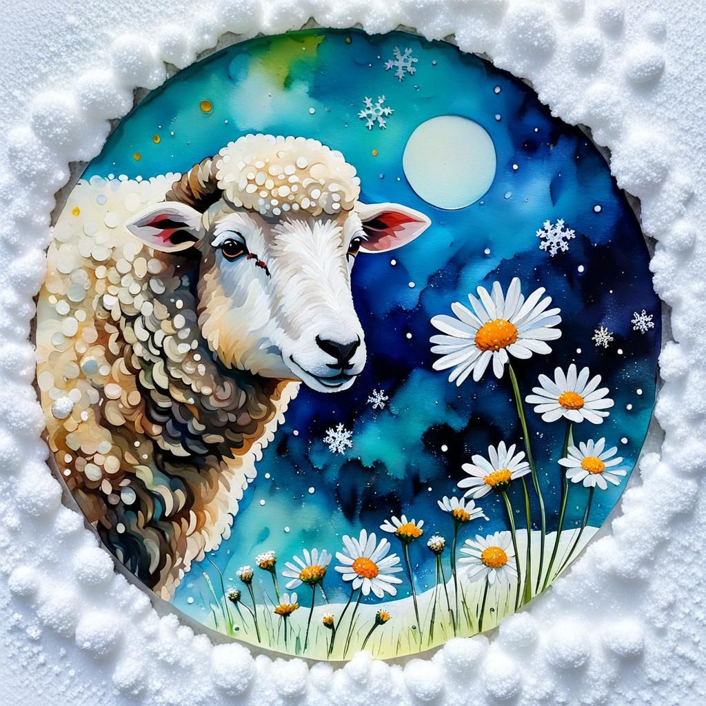 Winter Sheep and Daisies in Impasto Alcohol Ink
