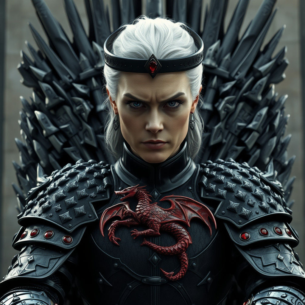 Imposing Medieval Queen on Iron Throne: Digital Art