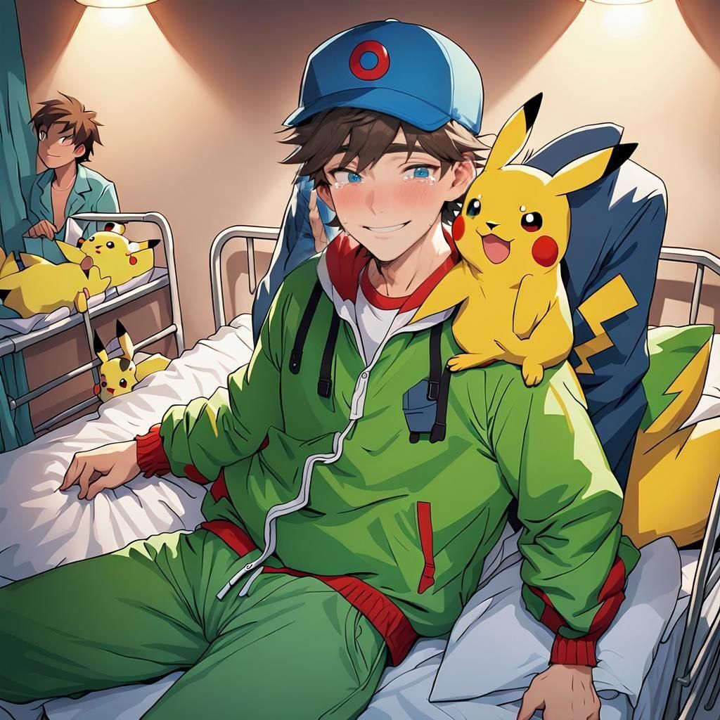 Anime-Style Pokémon Trainer in Hospital with Pikachu