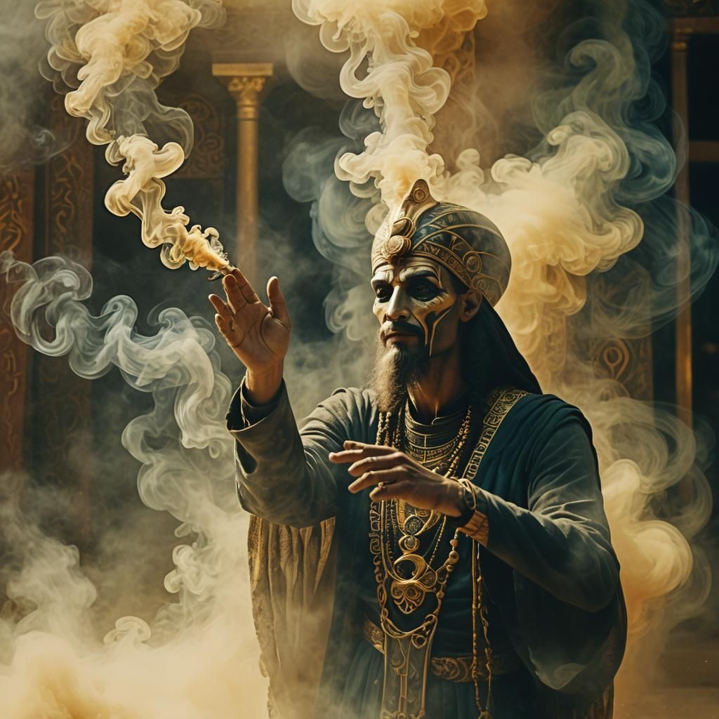 Thoth Conjuring Smoke into Person: Cinematic Still