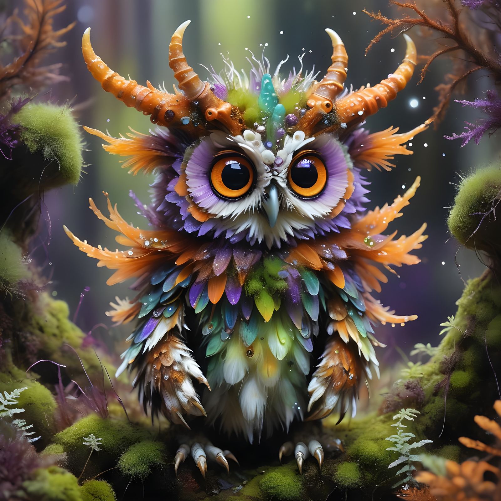 Whimsical Baby Murex Owl with Rustic Antlers in Dewy Forest