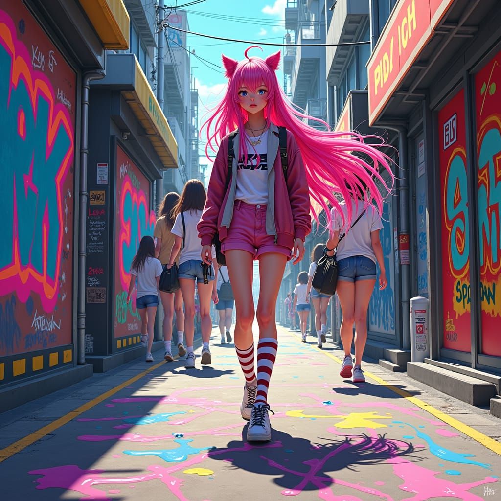 Anime Girl in Vibrant Street Art Scene