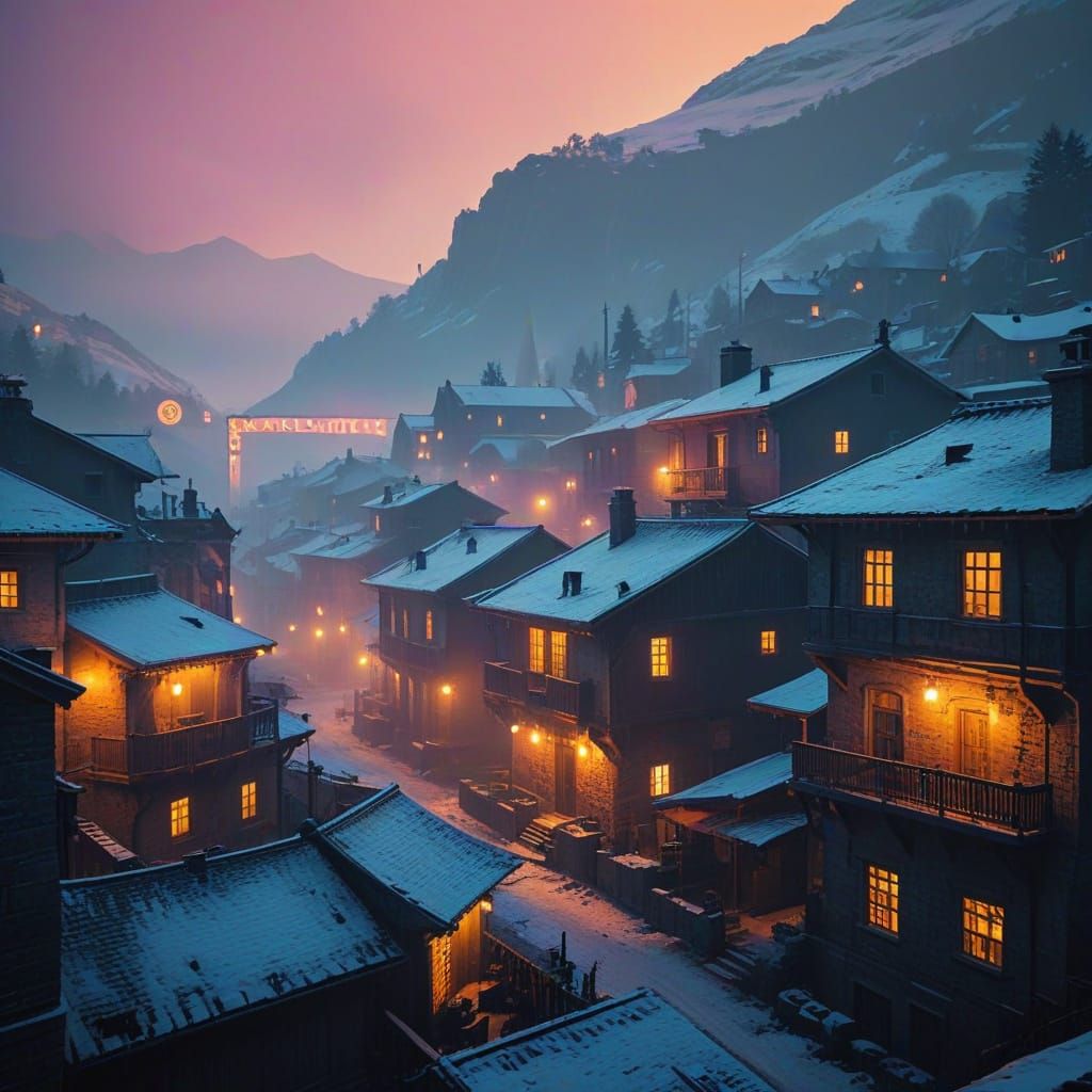 Cyberpunk Village: Neon Noir in Snowy Mountains
