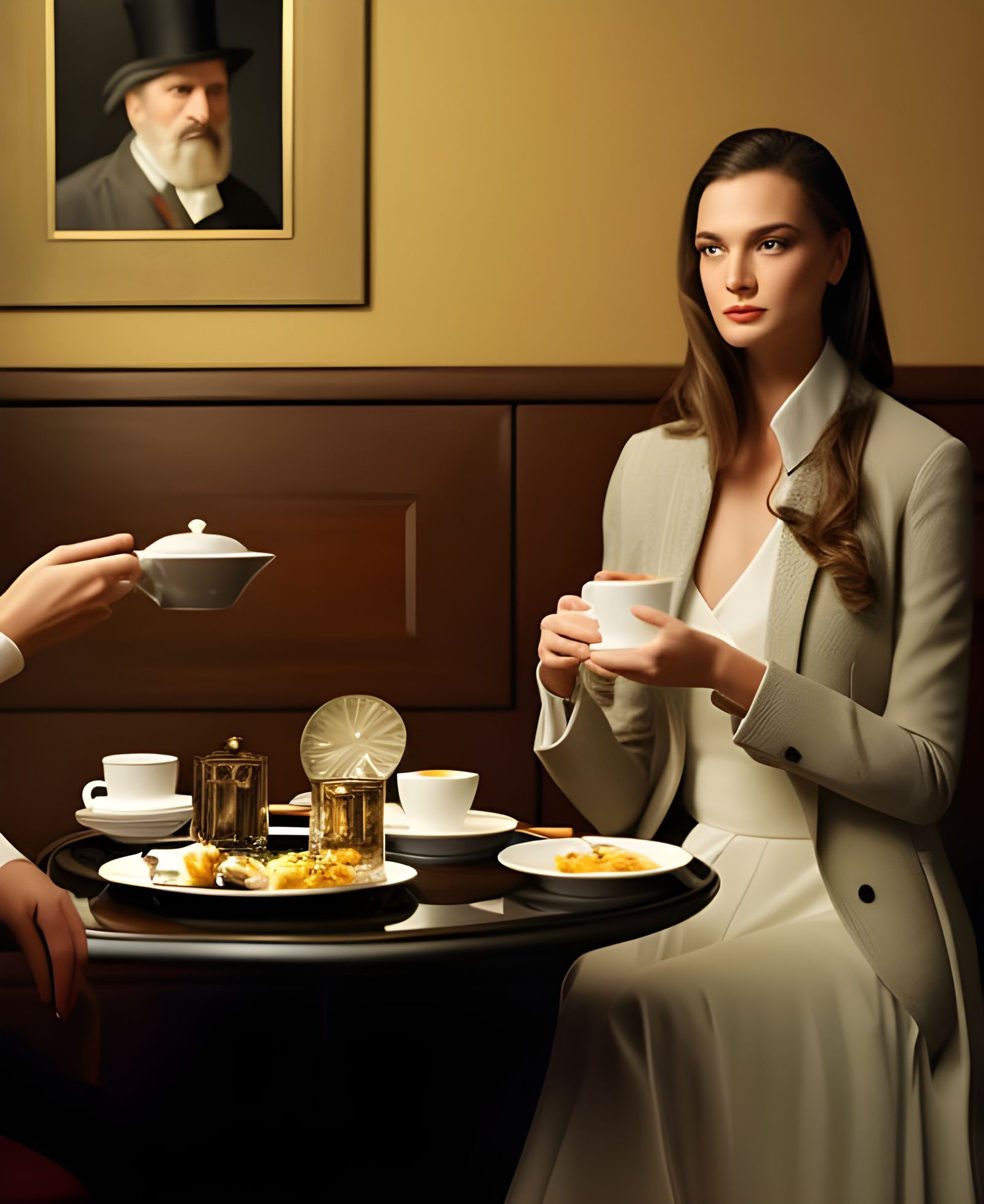 Beautiful Woman Enjoying Tea in Cafe: Photorealistic Portrai...