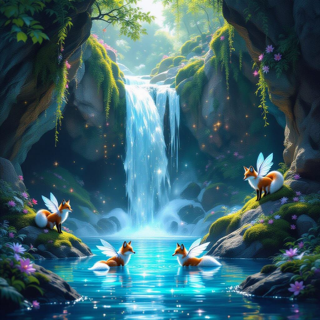 Starlight Grotto with Winged Foxes in WLOP Style
