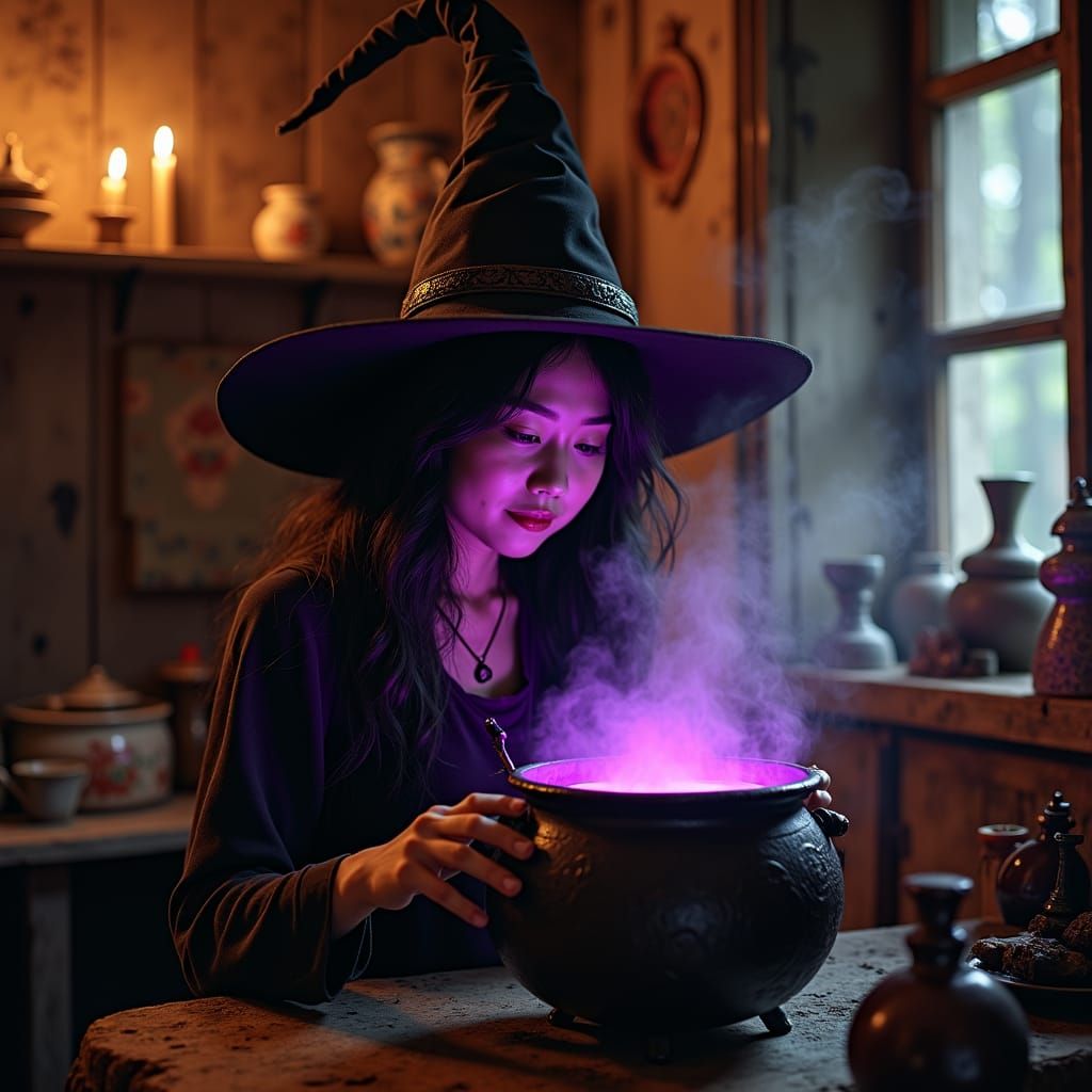 Young Witch Brews Potion in Rustic Hut