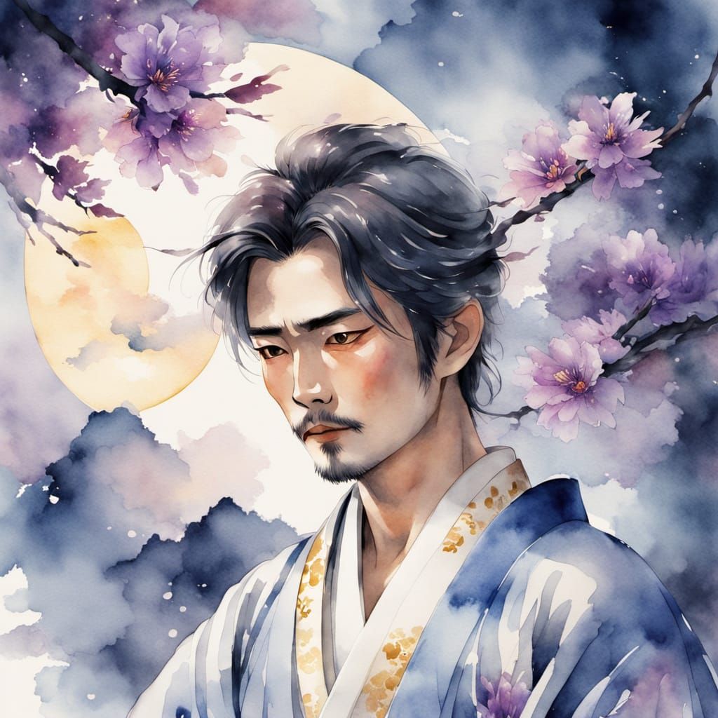 Kimono in Japanese Watercolor Style at Night
