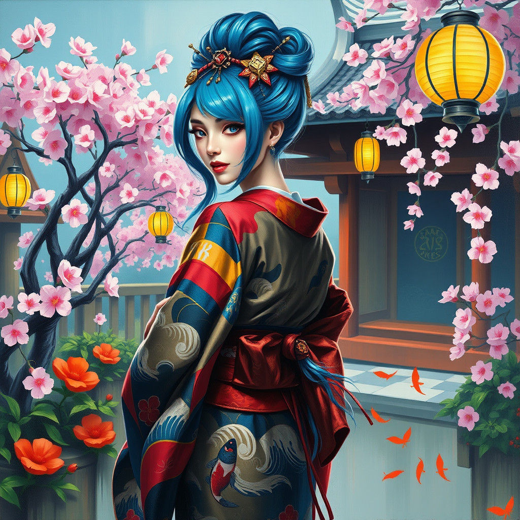 Jinx in Traditional Japanese Garden, Expressive Oil Painting